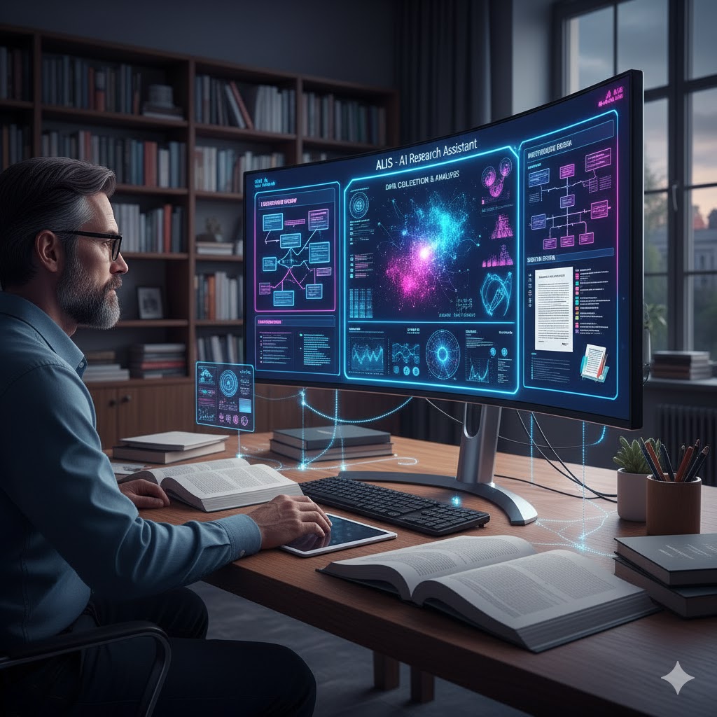 Visual showing AI processing complex research data